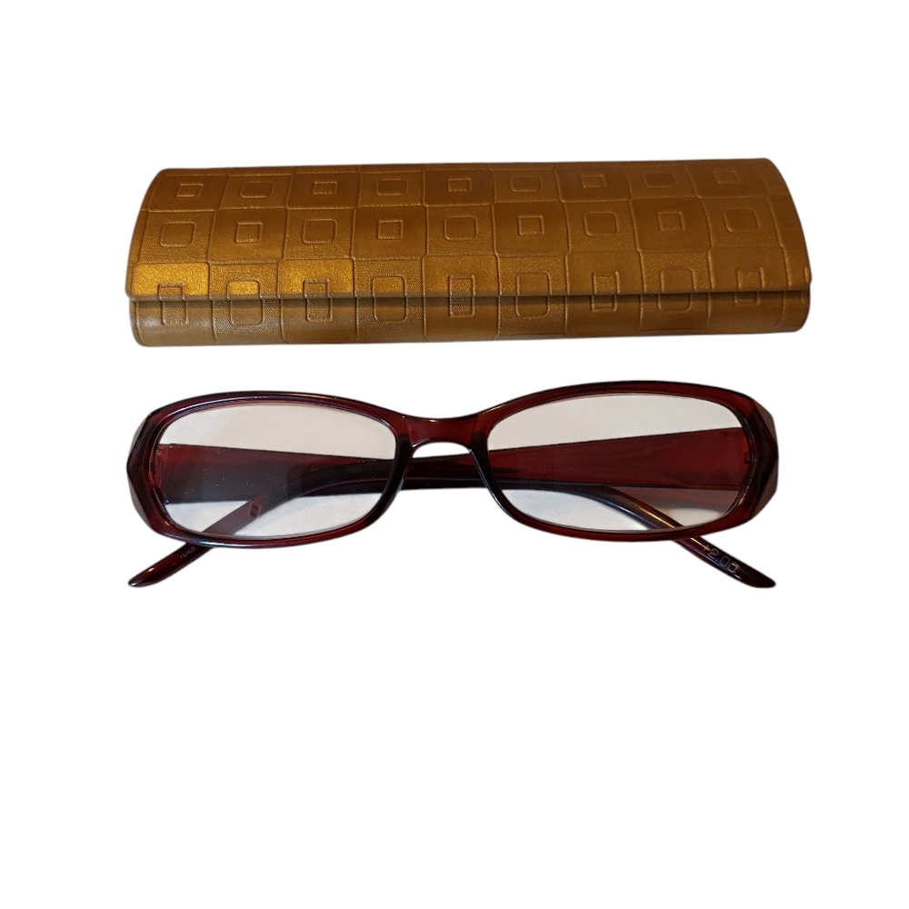 Burgundy Red Reading Glasses with Gold Case +2